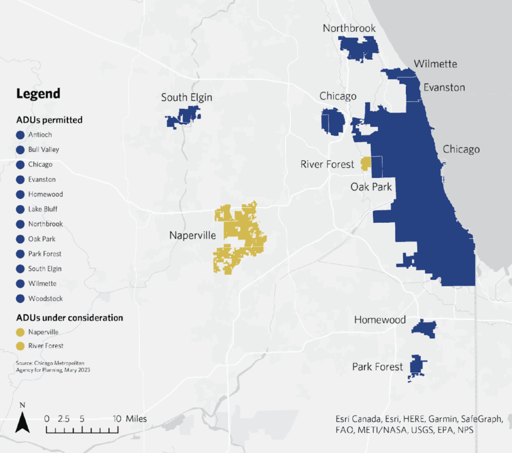 ADUs are permitted in Antioch, Bull Valley, Chicago, Evanston, Homewood, Lake Bluff, Northbrook, Oak Park, Park Forest, South Elgin, Wilmette, and Woodstock. ADUs are under consideration in Naperville and River Forest.